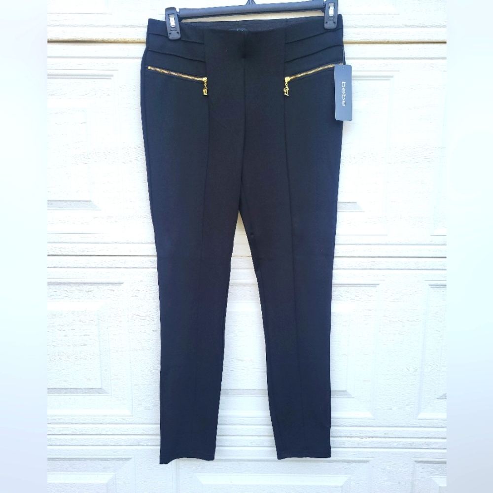 BEBE Black Pants with Gold Zipper Accents